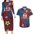 Personalised Sydney Roosters Couples Matching Long Sleeve Bodycon Dress and Hawaiian Shirt Polynesian Tribal Pattern With Rugby Rooster Mascot Art