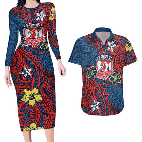 Personalised Sydney Roosters Couples Matching Long Sleeve Bodycon Dress and Hawaiian Shirt Polynesian Tribal Pattern With Rugby Rooster Mascot Art