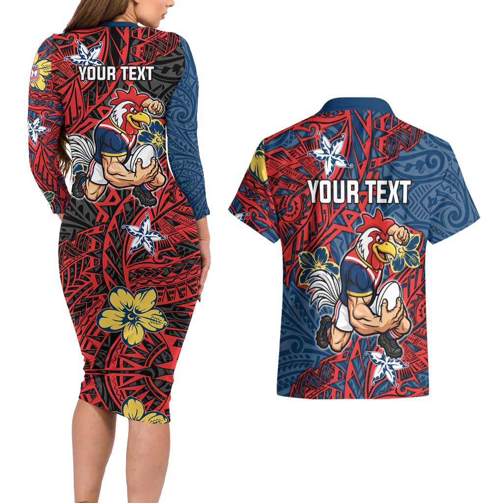 Personalised Sydney Roosters Couples Matching Long Sleeve Bodycon Dress and Hawaiian Shirt Polynesian Tribal Pattern With Rugby Rooster Mascot Art