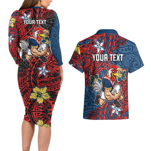 Personalised Sydney Roosters Couples Matching Long Sleeve Bodycon Dress and Hawaiian Shirt Polynesian Tribal Pattern With Rugby Rooster Mascot Art