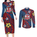 Personalised Sydney Roosters Couples Matching Long Sleeve Bodycon Dress and Long Sleeve Button Shirt Polynesian Tribal Pattern With Rugby Rooster Mascot Art