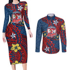 Personalised Sydney Roosters Couples Matching Long Sleeve Bodycon Dress and Long Sleeve Button Shirt Polynesian Tribal Pattern With Rugby Rooster Mascot Art
