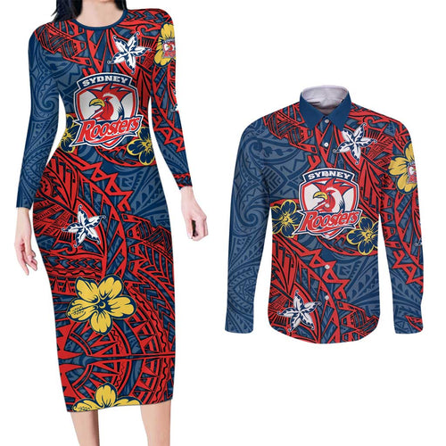 Personalised Sydney Roosters Couples Matching Long Sleeve Bodycon Dress and Long Sleeve Button Shirt Polynesian Tribal Pattern With Rugby Rooster Mascot Art