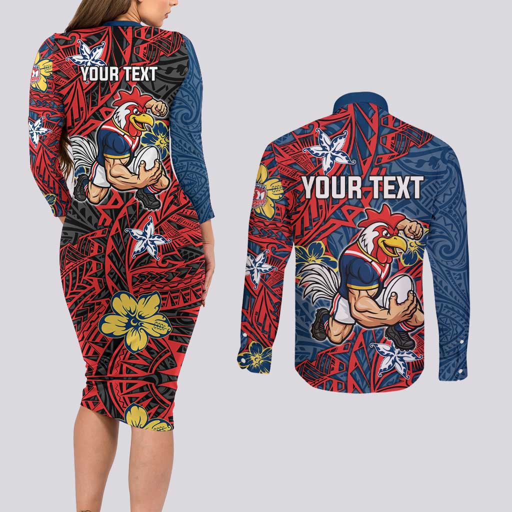 Personalised Sydney Roosters Couples Matching Long Sleeve Bodycon Dress and Long Sleeve Button Shirt Polynesian Tribal Pattern With Rugby Rooster Mascot Art