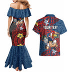 Personalised Sydney Roosters Couples Matching Mermaid Dress and Hawaiian Shirt Polynesian Tribal Pattern With Rugby Rooster Mascot Art
