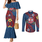 Personalised Sydney Roosters Couples Matching Mermaid Dress and Long Sleeve Button Shirt Polynesian Tribal Pattern With Rugby Rooster Mascot Art