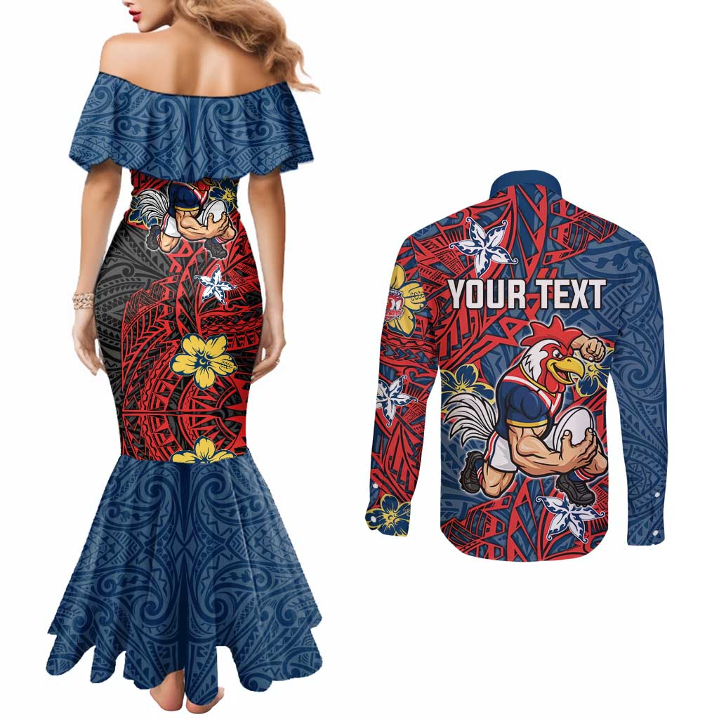 Personalised Sydney Roosters Couples Matching Mermaid Dress and Long Sleeve Button Shirt Polynesian Tribal Pattern With Rugby Rooster Mascot Art