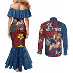 Personalised Sydney Roosters Couples Matching Mermaid Dress and Long Sleeve Button Shirt Polynesian Tribal Pattern With Rugby Rooster Mascot Art
