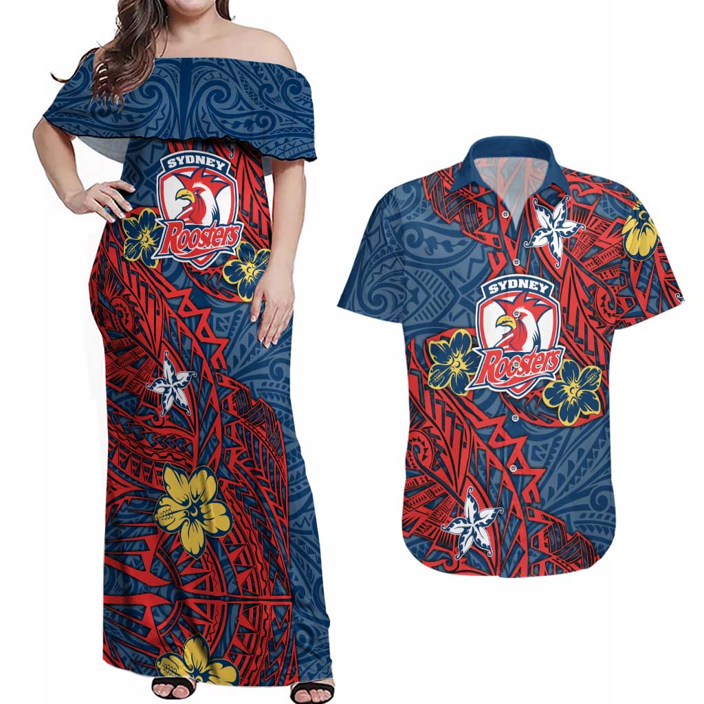 Personalised Sydney Roosters Couples Matching Off Shoulder Maxi Dress and Hawaiian Shirt Polynesian Tribal Pattern With Rugby Rooster Mascot Art