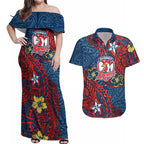 Personalised Sydney Roosters Couples Matching Off Shoulder Maxi Dress and Hawaiian Shirt Polynesian Tribal Pattern With Rugby Rooster Mascot Art
