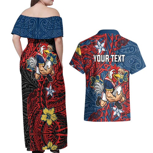 Personalised Sydney Roosters Couples Matching Off Shoulder Maxi Dress and Hawaiian Shirt Polynesian Tribal Pattern With Rugby Rooster Mascot Art