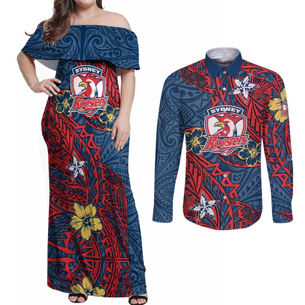 Personalised Sydney Roosters Couples Matching Off Shoulder Maxi Dress and Long Sleeve Button Shirt Polynesian Tribal Pattern With Rugby Rooster Mascot Art