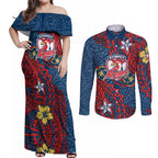 Personalised Sydney Roosters Couples Matching Off Shoulder Maxi Dress and Long Sleeve Button Shirt Polynesian Tribal Pattern With Rugby Rooster Mascot Art