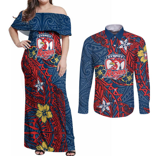 Personalised Sydney Roosters Couples Matching Off Shoulder Maxi Dress and Long Sleeve Button Shirt Polynesian Tribal Pattern With Rugby Rooster Mascot Art