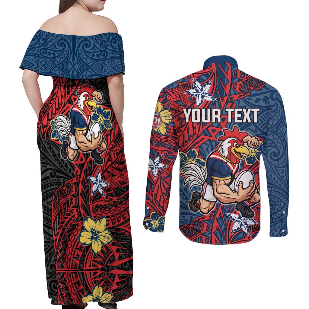 Personalised Sydney Roosters Couples Matching Off Shoulder Maxi Dress and Long Sleeve Button Shirt Polynesian Tribal Pattern With Rugby Rooster Mascot Art