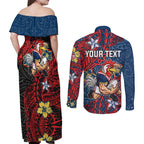 Personalised Sydney Roosters Couples Matching Off Shoulder Maxi Dress and Long Sleeve Button Shirt Polynesian Tribal Pattern With Rugby Rooster Mascot Art