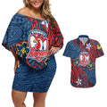 Personalised Sydney Roosters Couples Matching Off Shoulder Short Dress and Hawaiian Shirt Polynesian Tribal Pattern With Rugby Rooster Mascot Art