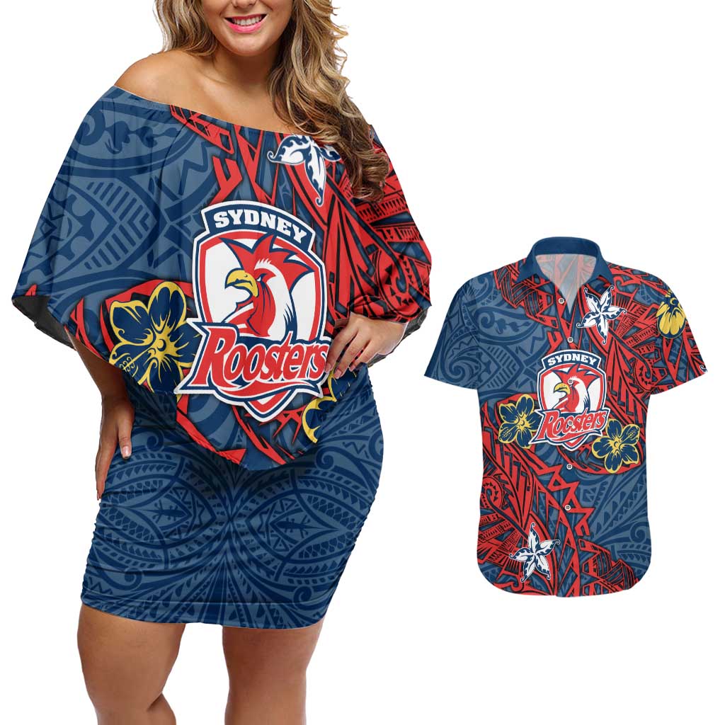 Personalised Sydney Roosters Couples Matching Off Shoulder Short Dress and Hawaiian Shirt Polynesian Tribal Pattern With Rugby Rooster Mascot Art