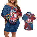 Personalised Sydney Roosters Couples Matching Off Shoulder Short Dress and Hawaiian Shirt Polynesian Tribal Pattern With Rugby Rooster Mascot Art