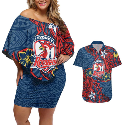 Personalised Sydney Roosters Couples Matching Off Shoulder Short Dress and Hawaiian Shirt Polynesian Tribal Pattern With Rugby Rooster Mascot Art