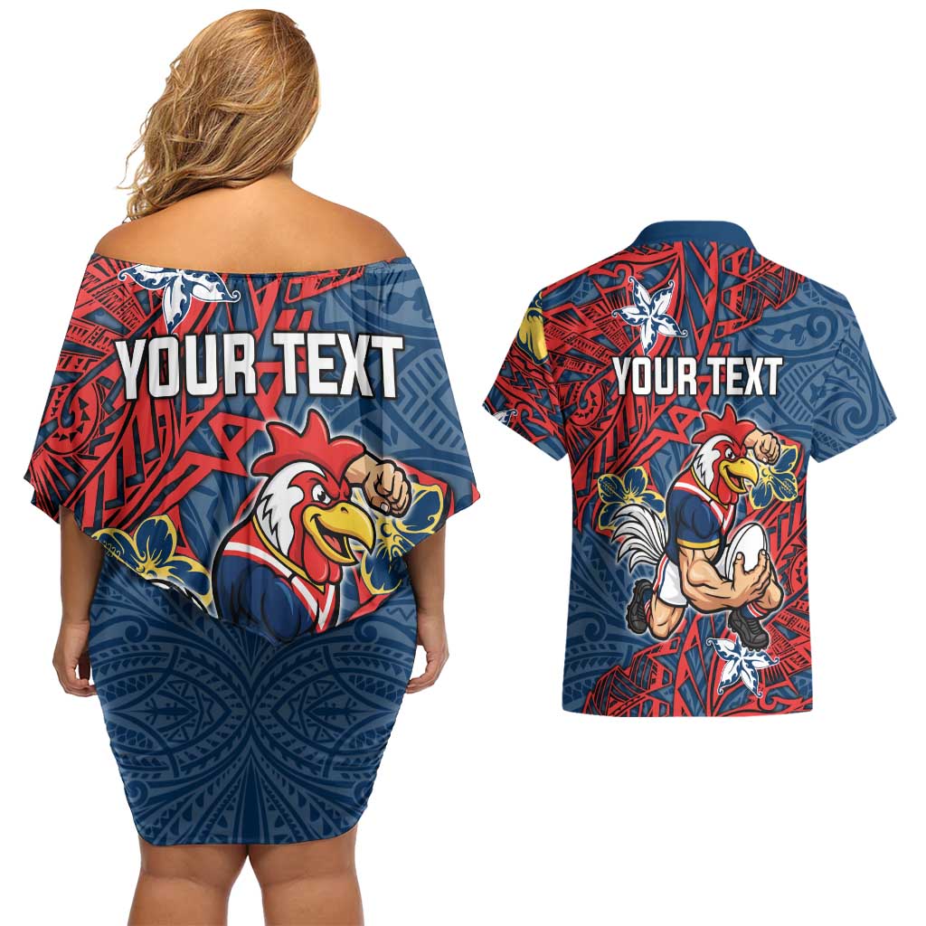 Personalised Sydney Roosters Couples Matching Off Shoulder Short Dress and Hawaiian Shirt Polynesian Tribal Pattern With Rugby Rooster Mascot Art