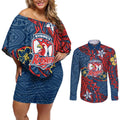 Personalised Sydney Roosters Couples Matching Off Shoulder Short Dress and Long Sleeve Button Shirt Polynesian Tribal Pattern With Rugby Rooster Mascot Art
