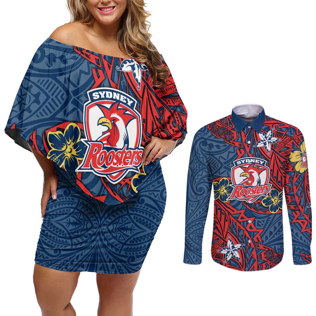 Personalised Sydney Roosters Couples Matching Off Shoulder Short Dress and Long Sleeve Button Shirt Polynesian Tribal Pattern With Rugby Rooster Mascot Art