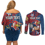 Personalised Sydney Roosters Couples Matching Off Shoulder Short Dress and Long Sleeve Button Shirt Polynesian Tribal Pattern With Rugby Rooster Mascot Art