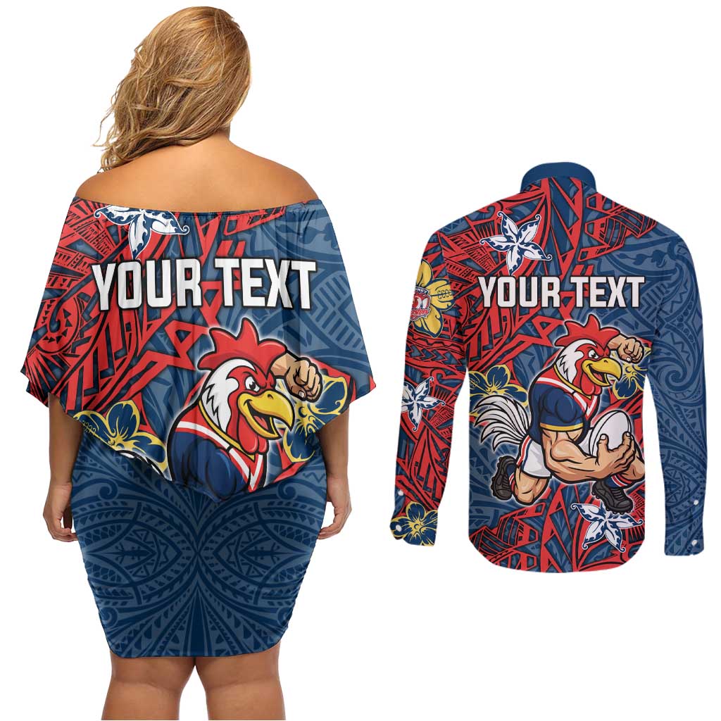 Personalised Sydney Roosters Couples Matching Off Shoulder Short Dress and Long Sleeve Button Shirt Polynesian Tribal Pattern With Rugby Rooster Mascot Art