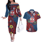 Personalised Sydney Roosters Couples Matching Off The Shoulder Long Sleeve Dress and Hawaiian Shirt Polynesian Tribal Pattern With Rugby Rooster Mascot Art