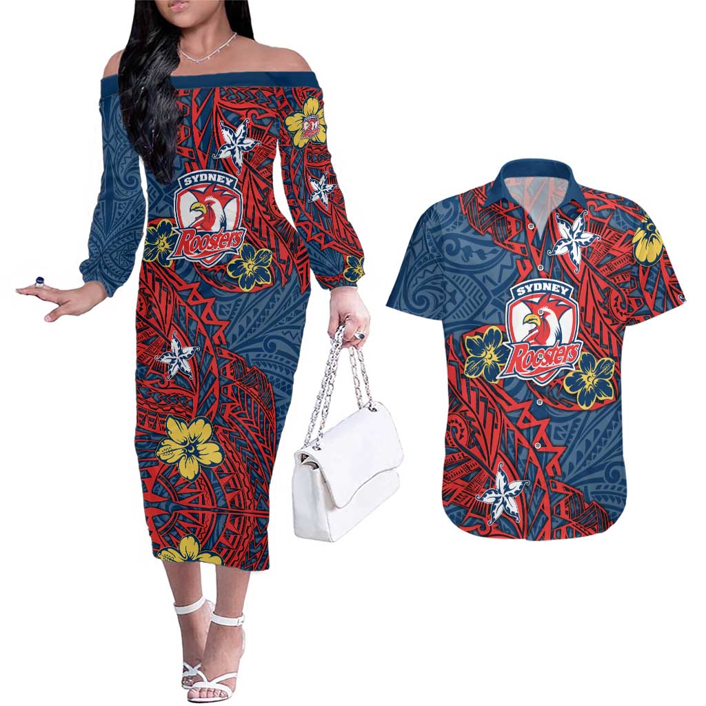 Personalised Sydney Roosters Couples Matching Off The Shoulder Long Sleeve Dress and Hawaiian Shirt Polynesian Tribal Pattern With Rugby Rooster Mascot Art