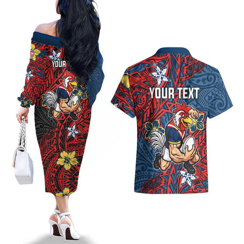 Personalised Sydney Roosters Couples Matching Off The Shoulder Long Sleeve Dress and Hawaiian Shirt Polynesian Tribal Pattern With Rugby Rooster Mascot Art