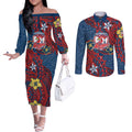 Personalised Sydney Roosters Couples Matching Off The Shoulder Long Sleeve Dress and Long Sleeve Button Shirt Polynesian Tribal Pattern With Rugby Rooster Mascot Art