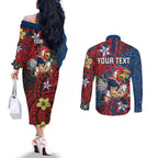 Personalised Sydney Roosters Couples Matching Off The Shoulder Long Sleeve Dress and Long Sleeve Button Shirt Polynesian Tribal Pattern With Rugby Rooster Mascot Art