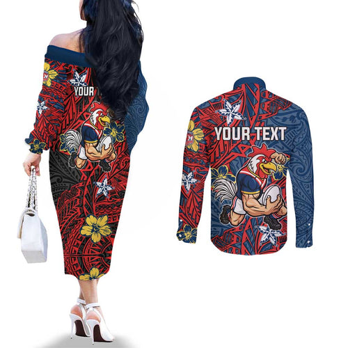 Personalised Sydney Roosters Couples Matching Off The Shoulder Long Sleeve Dress and Long Sleeve Button Shirt Polynesian Tribal Pattern With Rugby Rooster Mascot Art