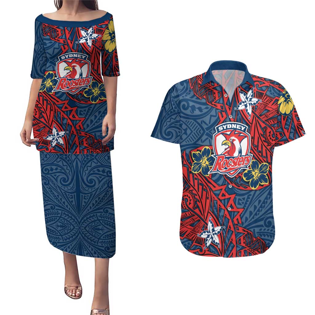 Personalised Sydney Roosters Couples Matching Puletasi and Hawaiian Shirt Polynesian Tribal Pattern With Rugby Rooster Mascot Art