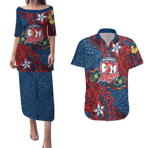 Personalised Sydney Roosters Couples Matching Puletasi and Hawaiian Shirt Polynesian Tribal Pattern With Rugby Rooster Mascot Art