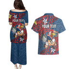 Personalised Sydney Roosters Couples Matching Puletasi and Hawaiian Shirt Polynesian Tribal Pattern With Rugby Rooster Mascot Art