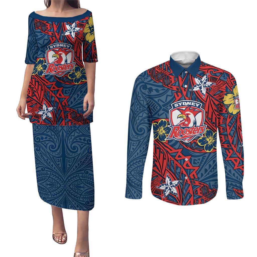 Personalised Sydney Roosters Couples Matching Puletasi and Long Sleeve Button Shirt Polynesian Tribal Pattern With Rugby Rooster Mascot Art