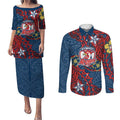 Personalised Sydney Roosters Couples Matching Puletasi and Long Sleeve Button Shirt Polynesian Tribal Pattern With Rugby Rooster Mascot Art