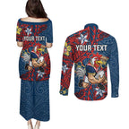 Personalised Sydney Roosters Couples Matching Puletasi and Long Sleeve Button Shirt Polynesian Tribal Pattern With Rugby Rooster Mascot Art