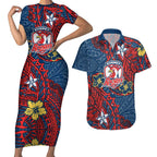 Personalised Sydney Roosters Couples Matching Short Sleeve Bodycon Dress and Hawaiian Shirt Polynesian Tribal Pattern With Rugby Rooster Mascot Art