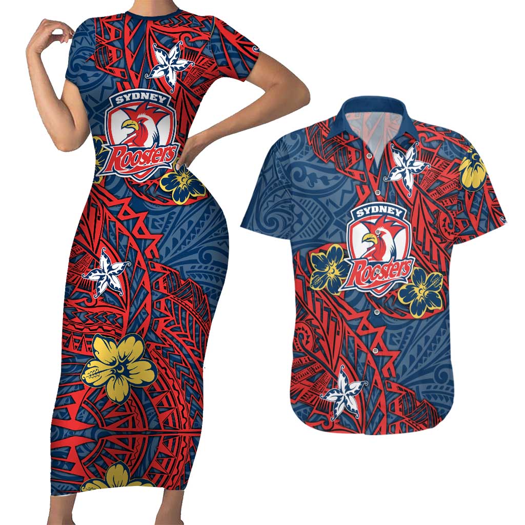 Personalised Sydney Roosters Couples Matching Short Sleeve Bodycon Dress and Hawaiian Shirt Polynesian Tribal Pattern With Rugby Rooster Mascot Art