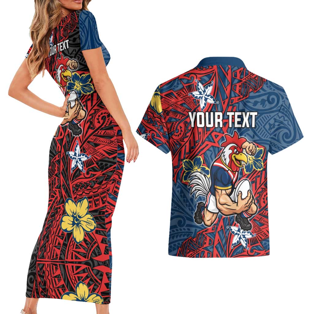 Personalised Sydney Roosters Couples Matching Short Sleeve Bodycon Dress and Hawaiian Shirt Polynesian Tribal Pattern With Rugby Rooster Mascot Art