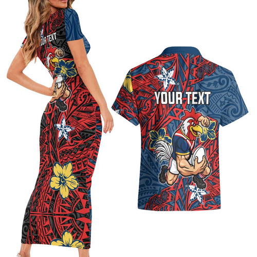 Personalised Sydney Roosters Couples Matching Short Sleeve Bodycon Dress and Hawaiian Shirt Polynesian Tribal Pattern With Rugby Rooster Mascot Art