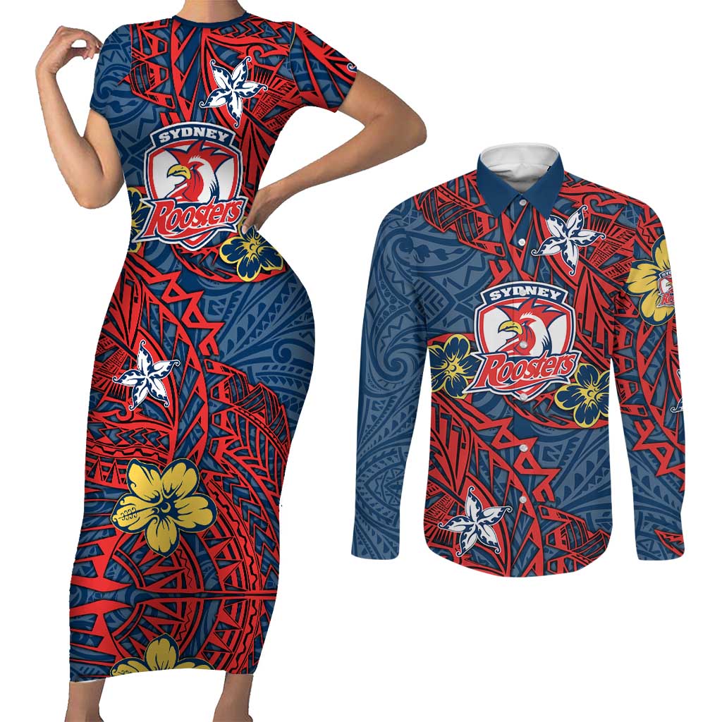 Personalised Sydney Roosters Couples Matching Short Sleeve Bodycon Dress and Long Sleeve Button Shirt Polynesian Tribal Pattern With Rugby Rooster Mascot Art