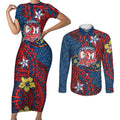 Personalised Sydney Roosters Couples Matching Short Sleeve Bodycon Dress and Long Sleeve Button Shirt Polynesian Tribal Pattern With Rugby Rooster Mascot Art