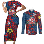 Personalised Sydney Roosters Couples Matching Short Sleeve Bodycon Dress and Long Sleeve Button Shirt Polynesian Tribal Pattern With Rugby Rooster Mascot Art