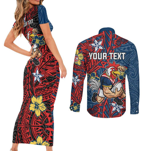 Personalised Sydney Roosters Couples Matching Short Sleeve Bodycon Dress and Long Sleeve Button Shirt Polynesian Tribal Pattern With Rugby Rooster Mascot Art