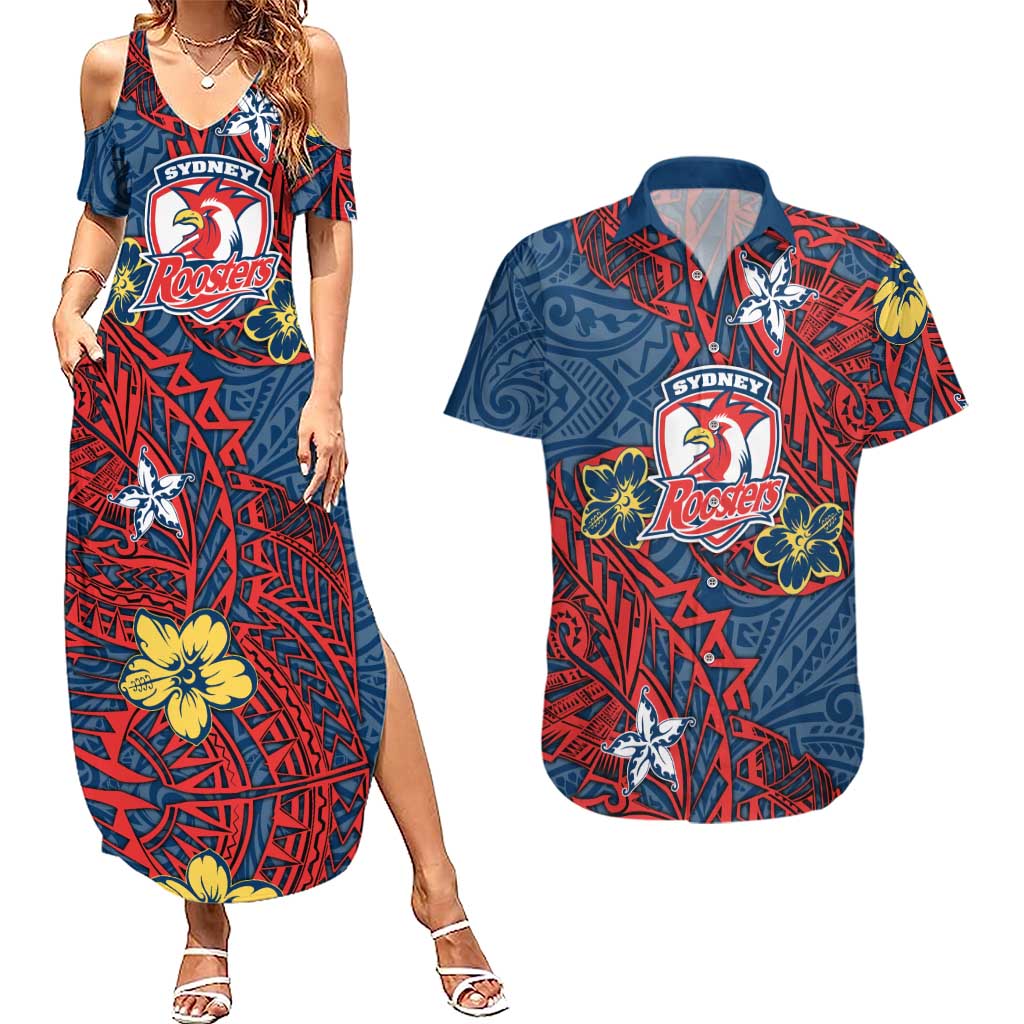 Personalised Sydney Roosters Couples Matching Summer Maxi Dress and Hawaiian Shirt Polynesian Tribal Pattern With Rugby Rooster Mascot Art